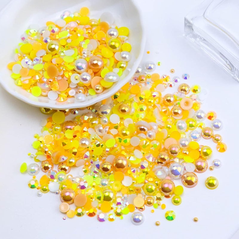 Briskbloom 60g Mix Flatback Pearls and Rhinestones for Crafts, 2mm-10mm Pearl Rhinestones for Nails Face Art Tumblers, Jelly Rhinestones and Half Pearls, with Tweezers Wax Pen, Yellow|White|Orange - Image 3